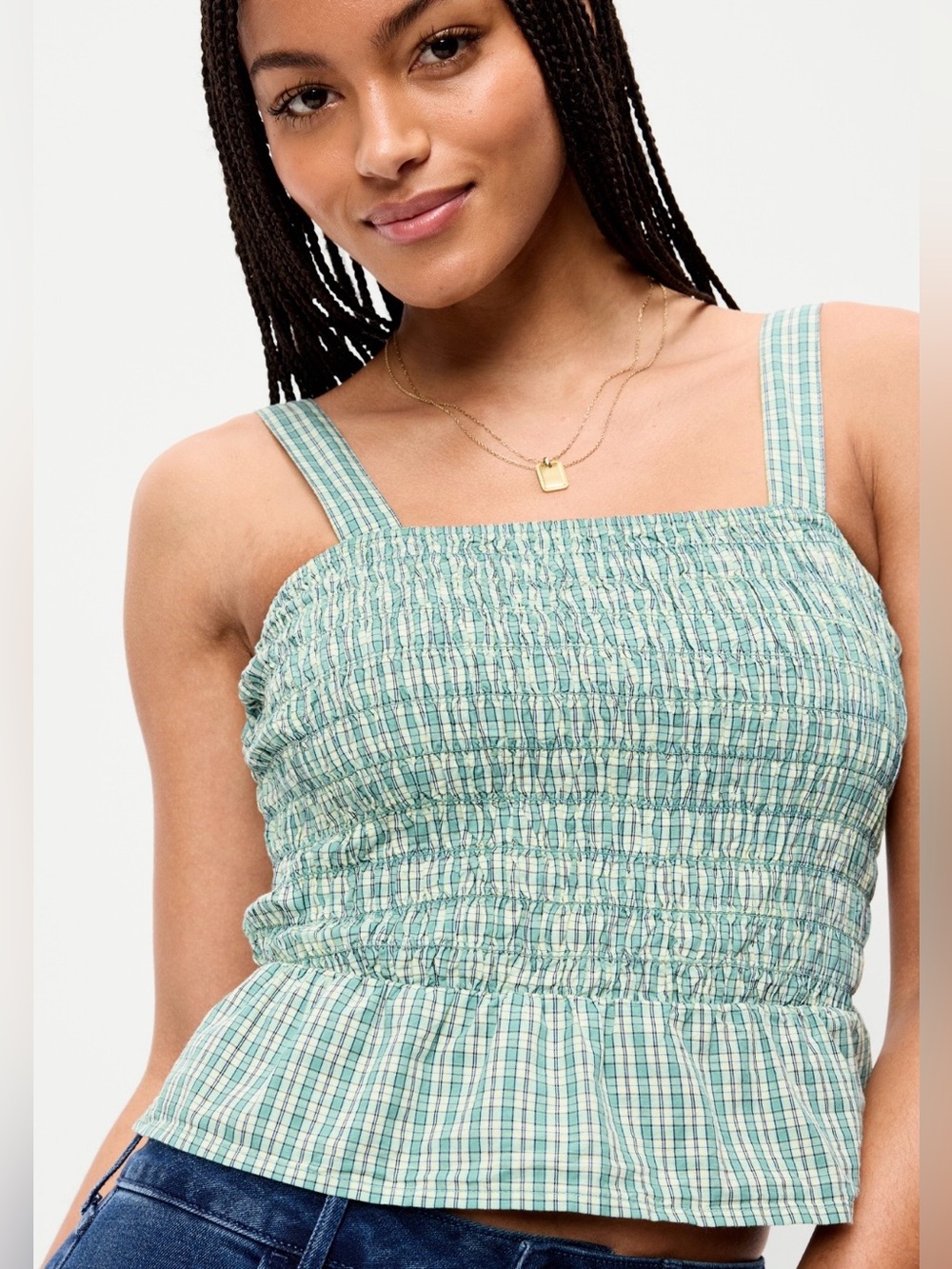 Old Navy Smocked Bodice Peplum Tank Top in Green Gingham Size XL